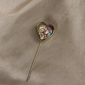 Vintage foil confetti glass heart stick pin hat pin Paradise gold tone A71